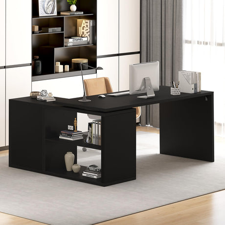HSH Black L Shaped Computer Desk, Corner Desk with Storage Cabinet Drawer Shelves, Reversible Industrial Wood Executive Workstation, L-shaped Home Office Table for Work Study Writing Gaming, 55 Inch HSH