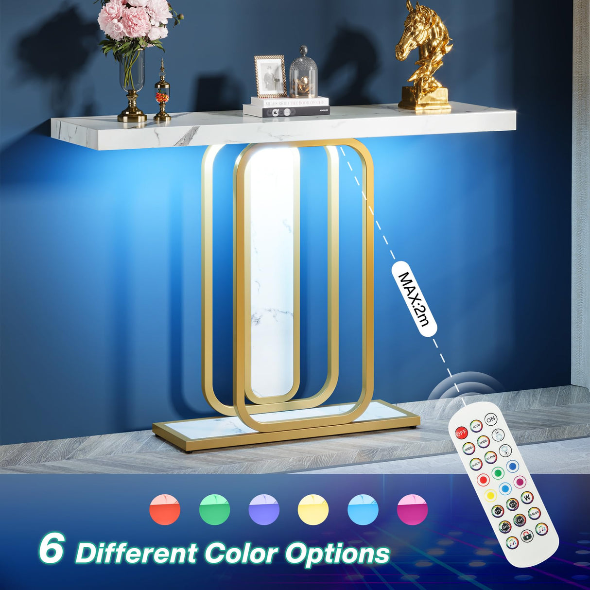 Tribesigns Modern Gold White Console Table with LED Lights, 41.3 Inch Entryway Hallway Foyer Accent Table with Faux Marble Veneer for Living Room, Entrance Tribesigns