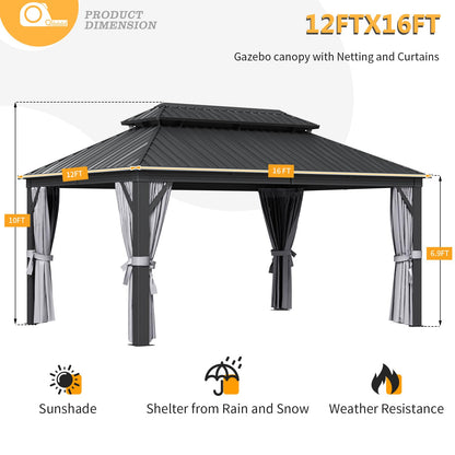 Jolydale Hardtop Gazebo 12 X 16ft with Mosquito Netting and Curtains, Outdoor Gazebos with Double Roof, Galvanized Steel Permanent Aluminum Gazebo, for Gardens, Decks, Patios, Parties - WoodArtSupply