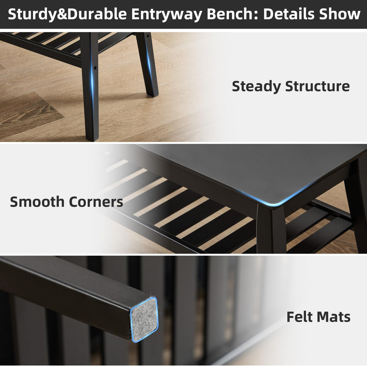 Nnewvante Bamboo Entryway Bench, 33.46" End of Bed Bench, 2 Tier Black Bench for Bedroom, Indoor Bench for Living Room, Dining Room, Hallway, Holds up to 300lbs Nnewvante