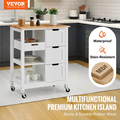 VEVOR Kitchen Island Cart, 26 inch Wood Top Mobile Breakfast Bar, Rolling Kitchen Table with 3 Drawers and Shelves, Portable Islands on Wheels, for Dining Kitchen Living Room Farmhouse, White