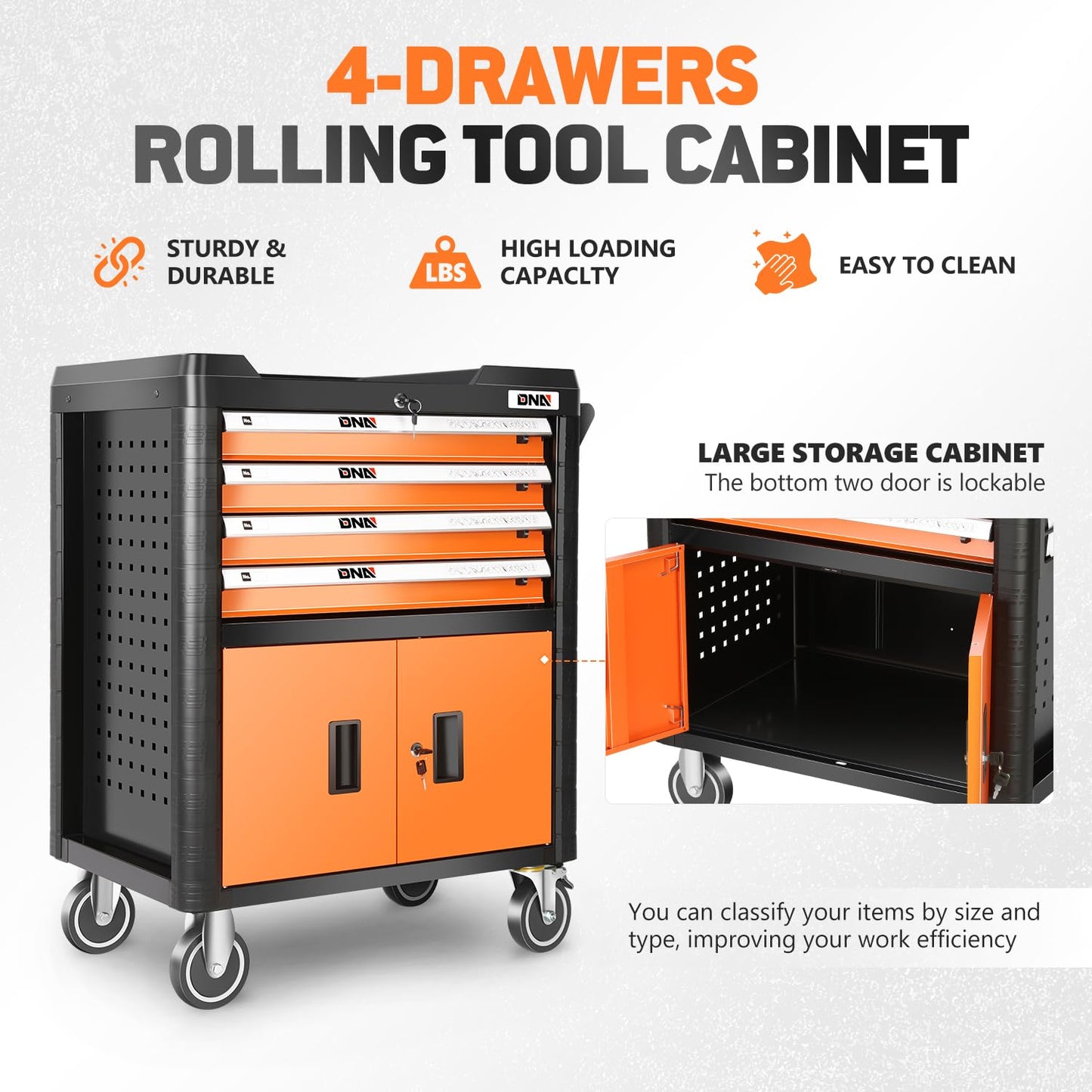 DNA MOTORING 4-Drawers Roller Tool Chest Cabinet with Casters, Locking System, Top Worktop, for Garage Warehouse Workshop, Orange, TOOLS-00402 - WoodArtSupply