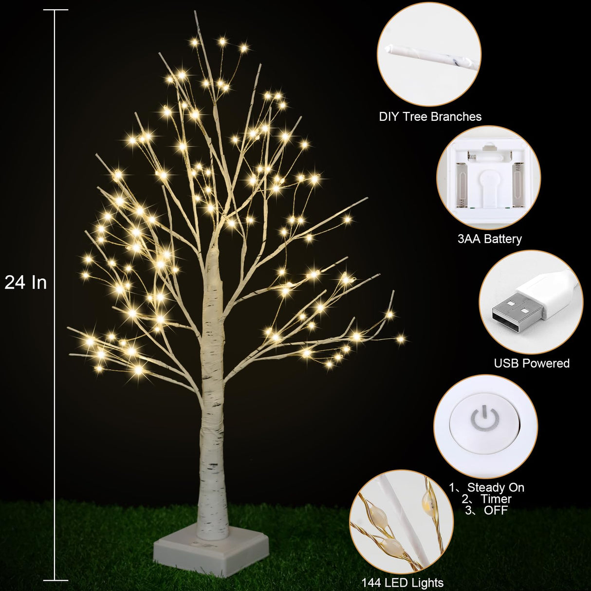 144 LED Artificial Tree Lamp with Timer, DIY Birch Tree with LED Lights, Lighted up Tree Lamp USB/Battery Powered, Fairy Light Spirit Tree for Table Home Wedding Bedroom Christmas (Warm White) PXBNIUYA