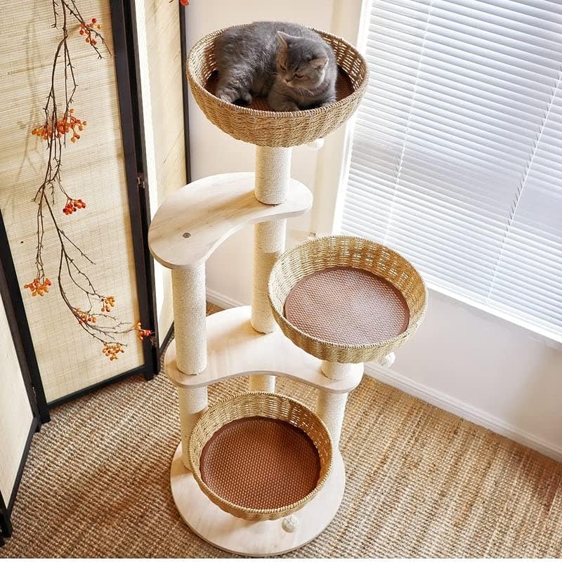 54" Modern Cat Tree for Large Cats, Wood Luxury Multi-Level Oak Solid Wood Cat Trees Cat Towers with 3 Rattan Weaving Cat Nests & Washable Cushions, Sisal Scratching Posts, for Indoor Cats-Lacquered MewJoyee