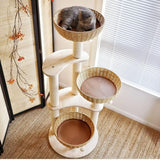 54" Modern Cat Tree for Large Cats, Wood Luxury Multi-Level Oak Solid Wood Cat Trees Cat Towers with 3 Rattan Weaving Cat Nests & Washable Cushions, Sisal Scratching Posts, for Indoor Cats-Lacquered MewJoyee