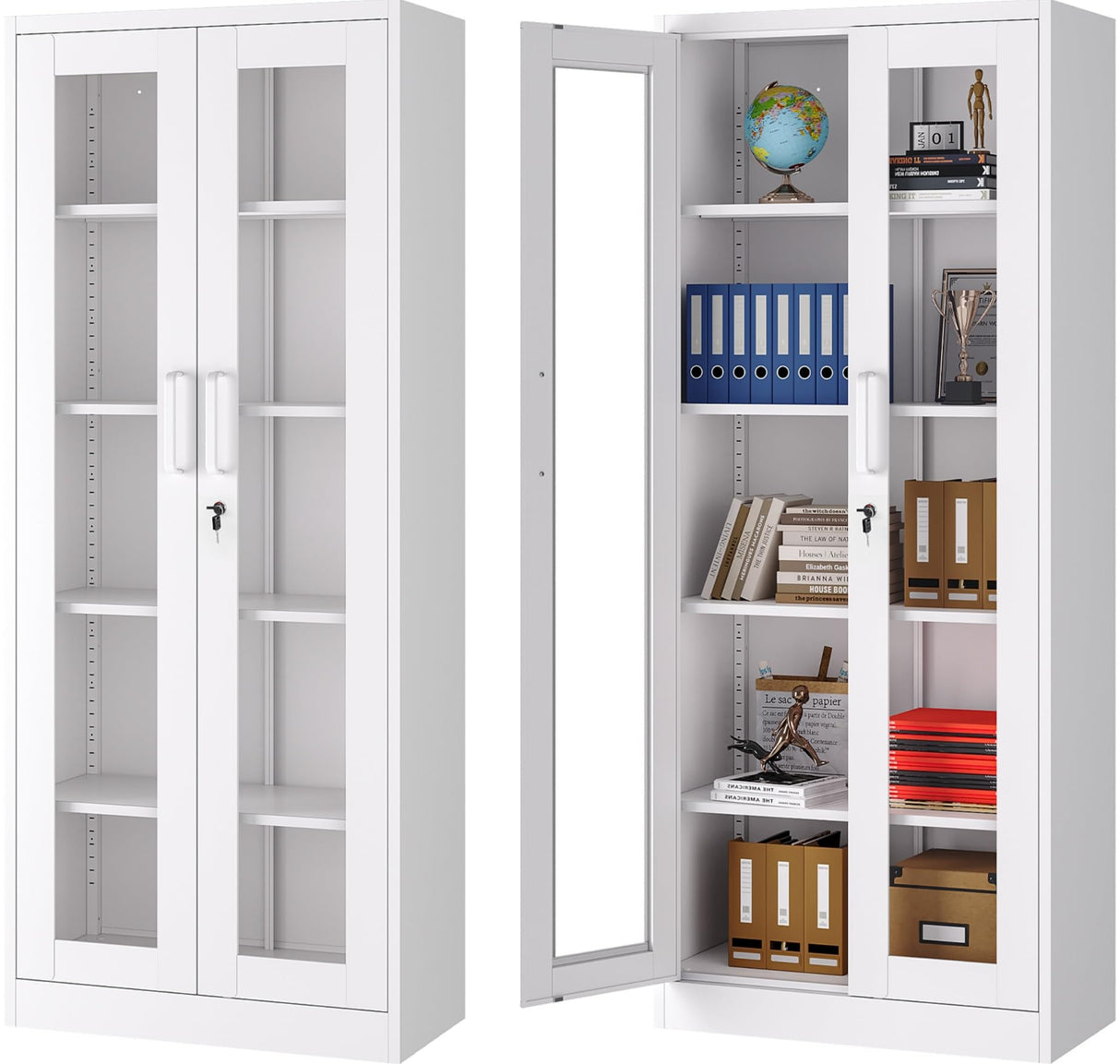 Metal Storage Cabinet with Lock and Glass Doors,Glass Display Cabinet,67" Tall White Storage Cabinets,Locking Curio Cabinets with 5 Shelves for Collectibles,Home,Office,Living Room SISESOL