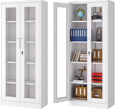 Metal Storage Cabinet with Lock and Glass Doors,Glass Display Cabinet,67" Tall White Storage Cabinets,Locking Curio Cabinets with 5 Shelves for Collectibles,Home,Office,Living Room SISESOL