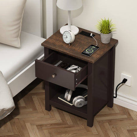 ChooChoo Nightstand with Charging Station, Wooden Top Bedside Table with Drawer and Storage Space for Bedroom, Espresso ChooChoo