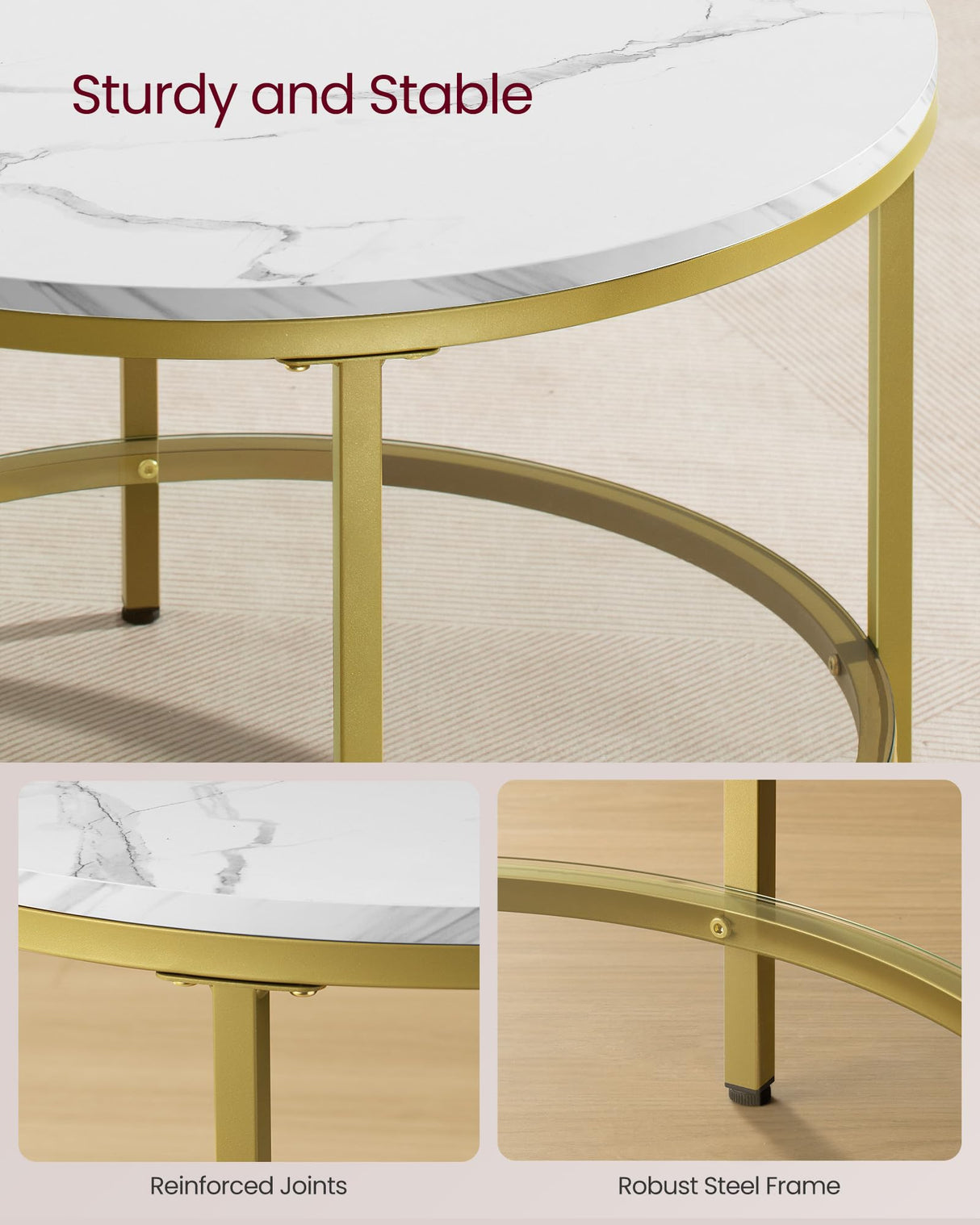 VASAGLE Round Coffee Table, Small Coffee Table with Faux Marble Top and Glass Storage Shelf, 2-Tier Circle Coffee Table, Modern Center Table for Living Room, Marble White and Pale Gold ULCT072W59 VASAGLE