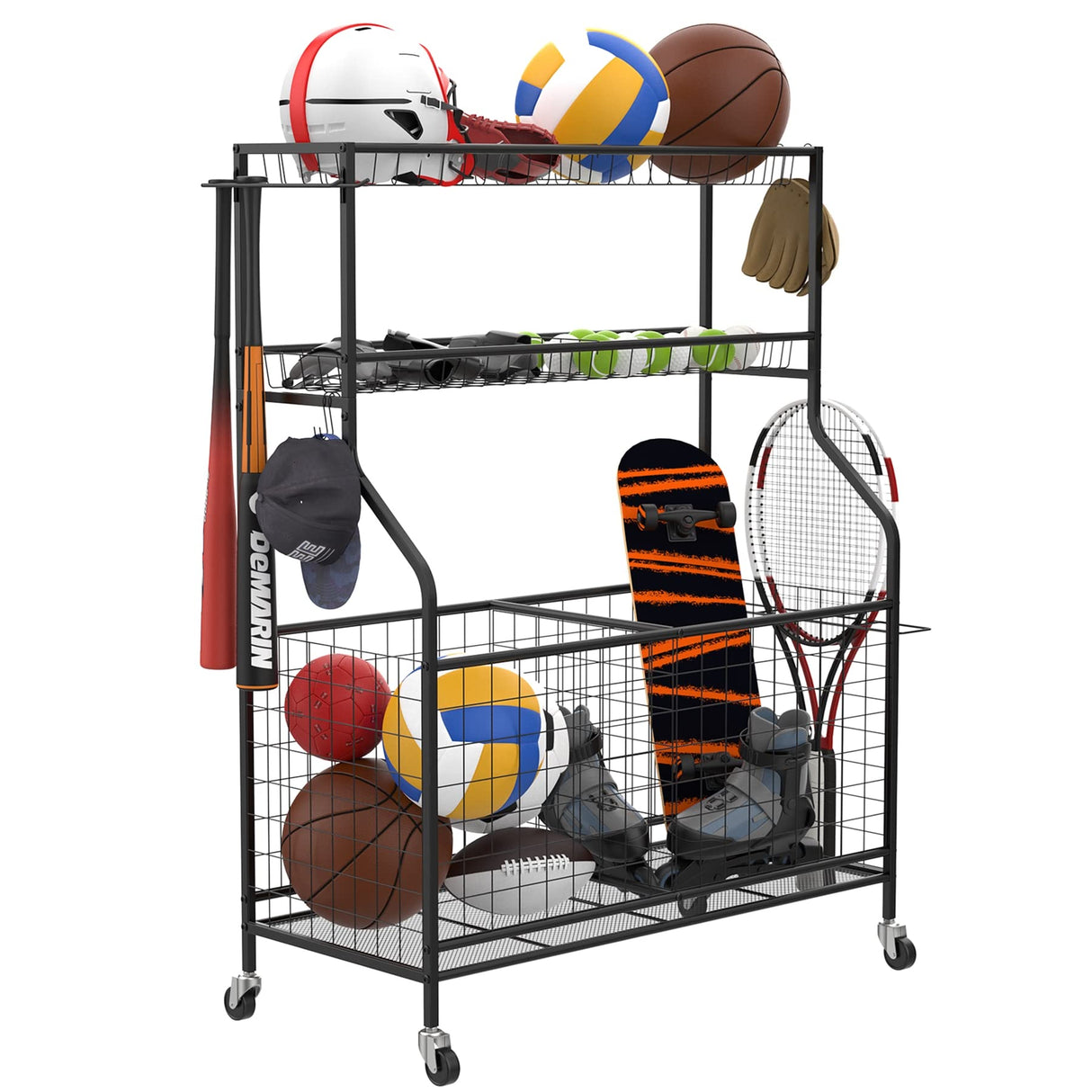 WALMANN Garage Ball and Sports Equipment Organizer, Ball Storage Rack Indoor/Outdoor Kids Ball/Toy Storage Organizer Bins, Rolling Ball Cart with Baskets WALMANN