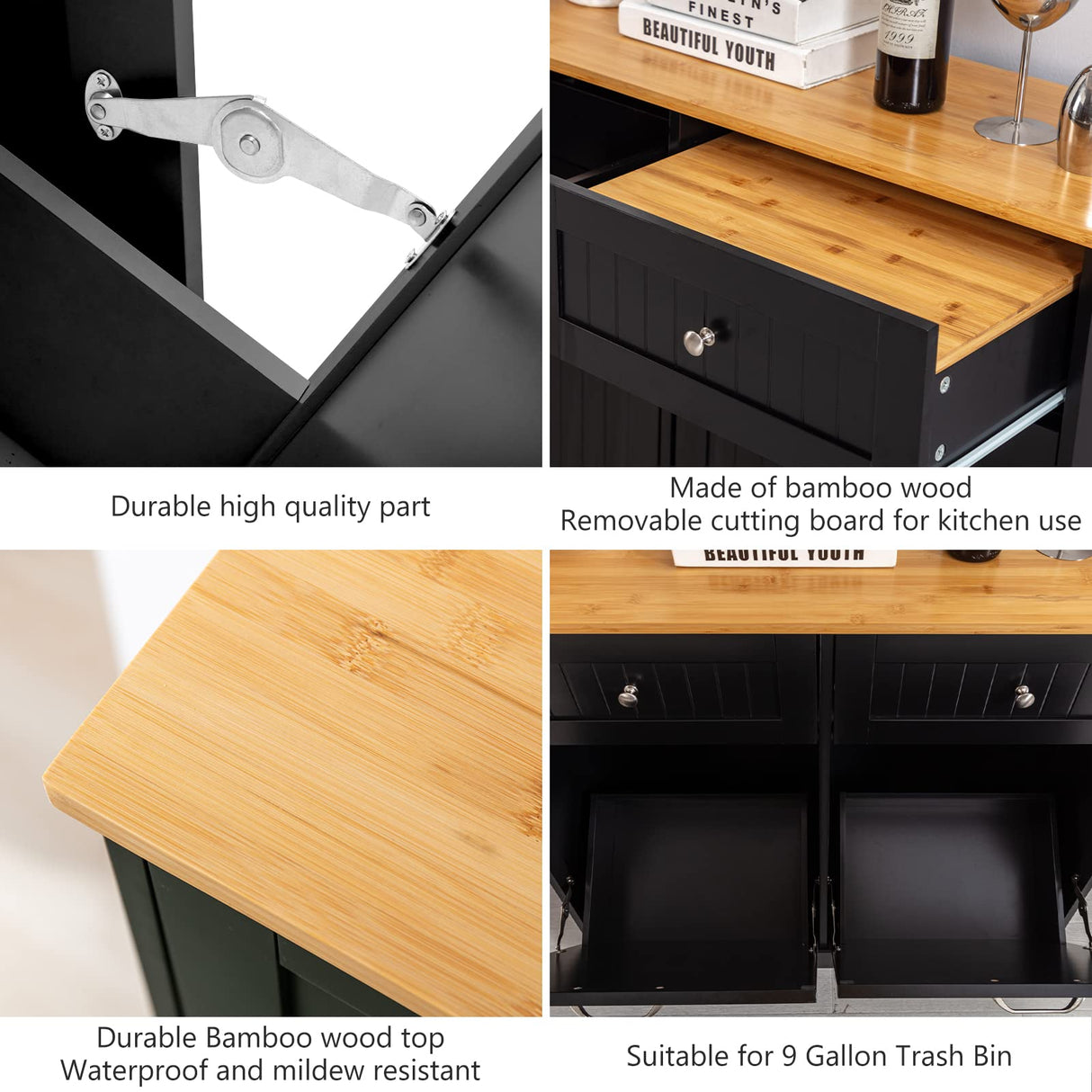 Double Trash Cabinet Tilt Out 20 Gallon, Pet Proof Kitchen Trash Cabinet Laundry Hamper with Cutting Board, Wood Garbage Recycling Station Hideaway Trash Holder Drawers (Black) Gitua