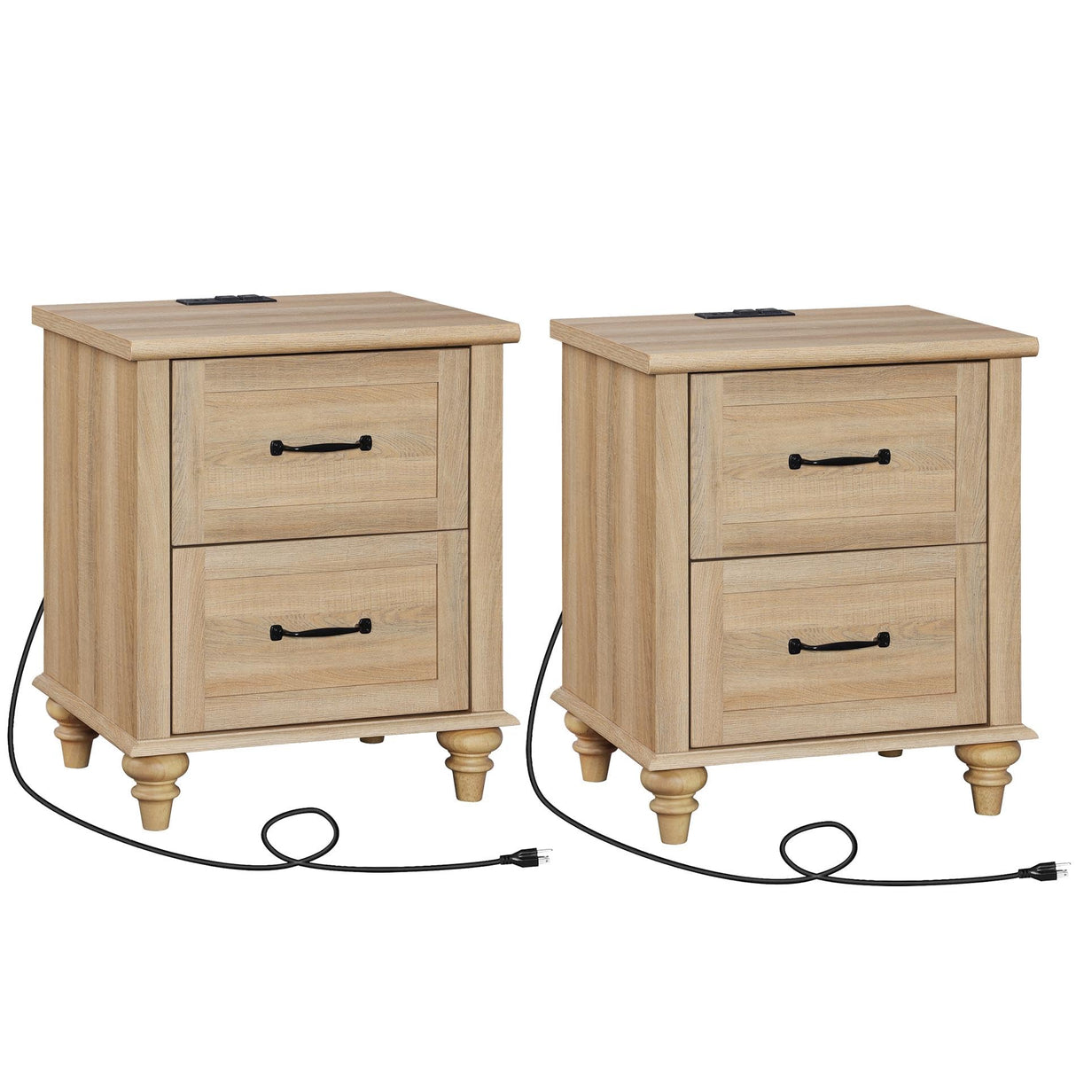 WAMPAT Nightstands Set of 2 Side Table with Charging Station, Light Wood End Tables with 2 Drawers for Living Room, Farmhouse Night Stand Bedside Table for Bedroom, Oak WAMPAT