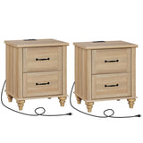 WAMPAT Nightstands Set of 2 Side Table with Charging Station, Light Wood End Tables with 2 Drawers for Living Room, Farmhouse Night Stand Bedside Table for Bedroom, Oak WAMPAT