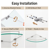 KES Glass Corner Shelf for Bathroom Corner Shelf 2 Pack Tempered Glass Shelf with Rail SUS 304 Stainless Steel Wall Mounted Brushed Finish, BGS2101A-2-P2 KES