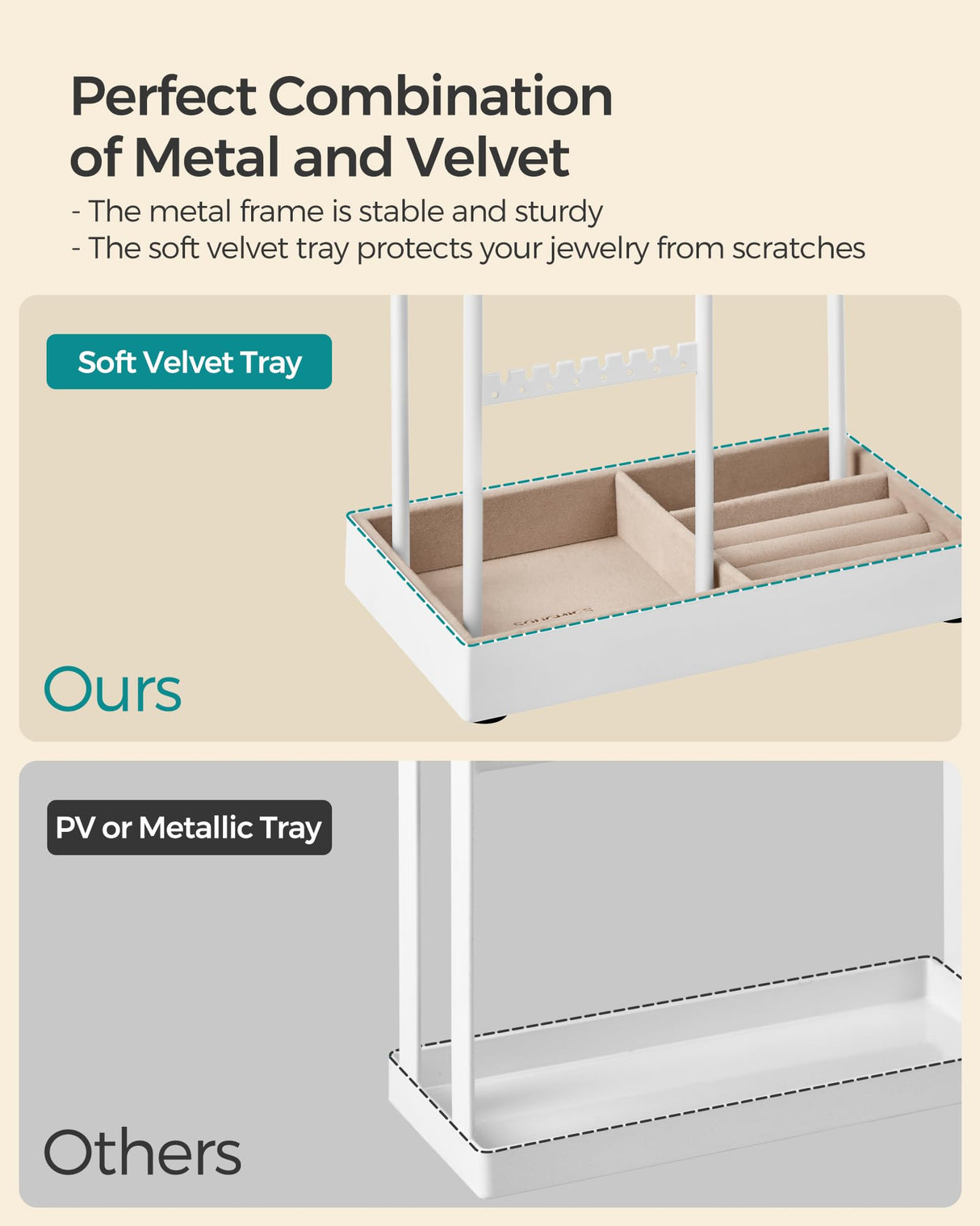 SONGMICS Jewelry Holder, Jewelry Organizer, Jewelry Display Stand with Metal Frame, Velvet Tray, Necklace Earring Bracelet Holder, for Studs, Rings, Gift Idea, Matte White UJJS021W01 SONGMICS