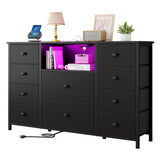 LDTTCUK Dresser with Charging Station and LED Lights, Long Dresser for Bedroom Dresser TV Stand with 10 Drawers, Fabric Chest of Drawers with PU Finish, Wide Dresser Storage Organizer, Black LDTTCUK
