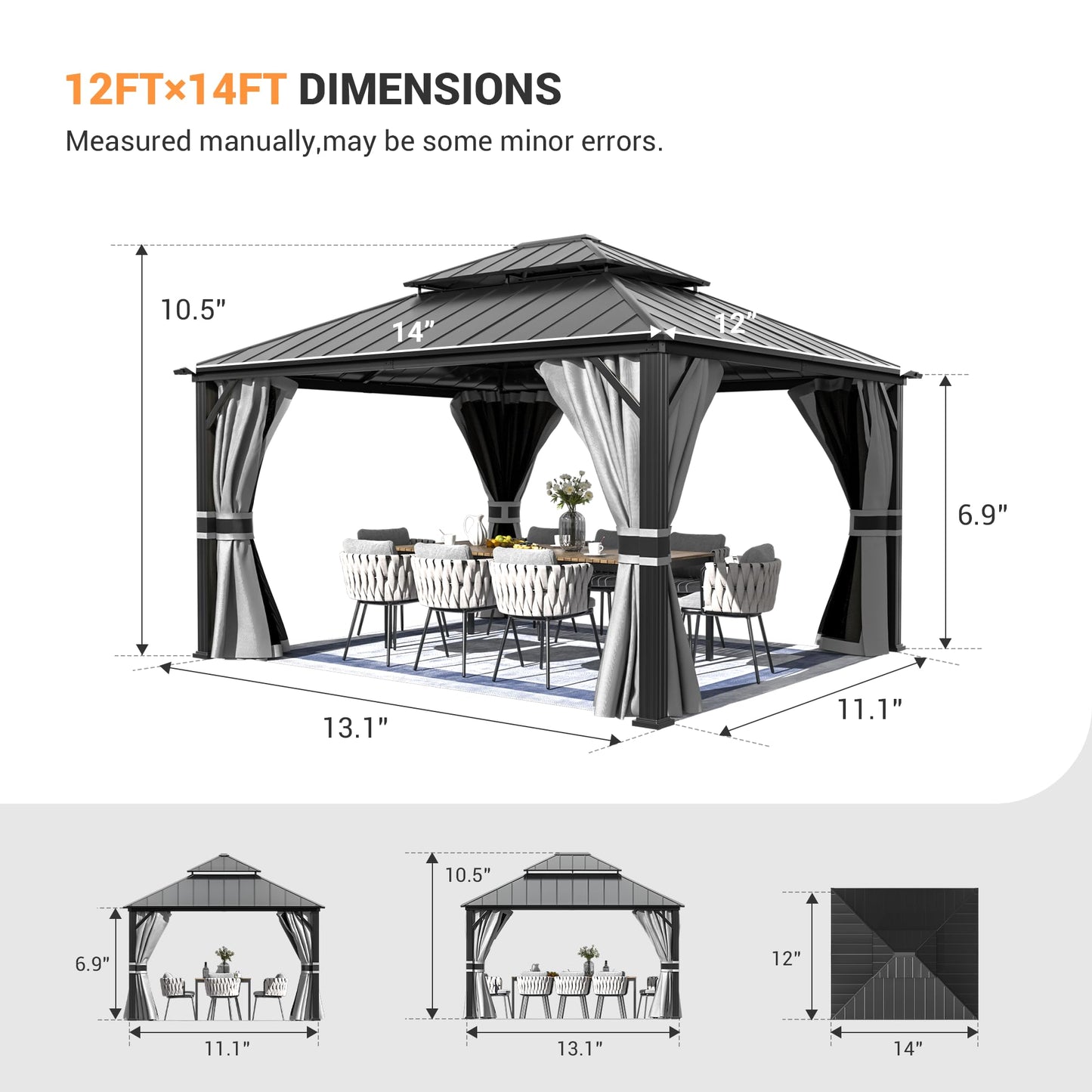 Amopatio 12' X 14' Hardtop Gazebo Permanent Aluminum Gazebos with Galvanized Steel Double Roof for Patio Lawn and Garden,Included Curtains & Mosquito Netting,Grey