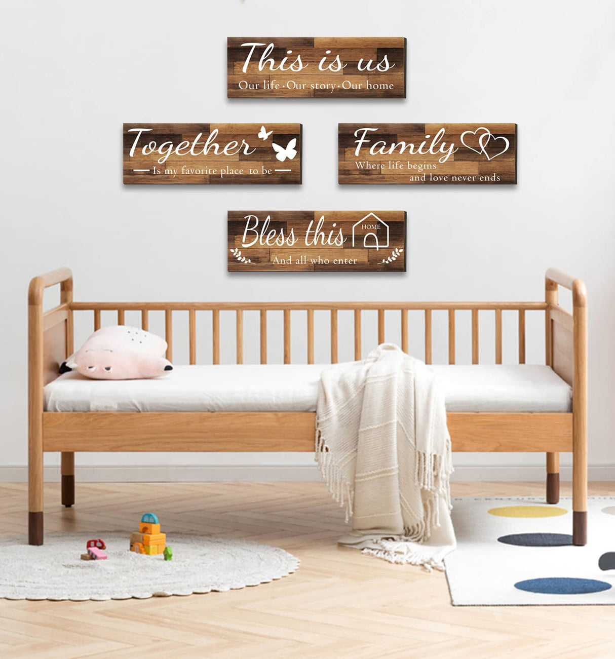 4 Pieces Home Wall Signs, THIS IS US/TOGETHER/BLESS THIS HOME/FAMILY Wall Decor For Living Room Bedroom, Rustic Wooden Farmhouse Wall Art , 4.7 x 13.8 Inch(Brown) Joyhawk