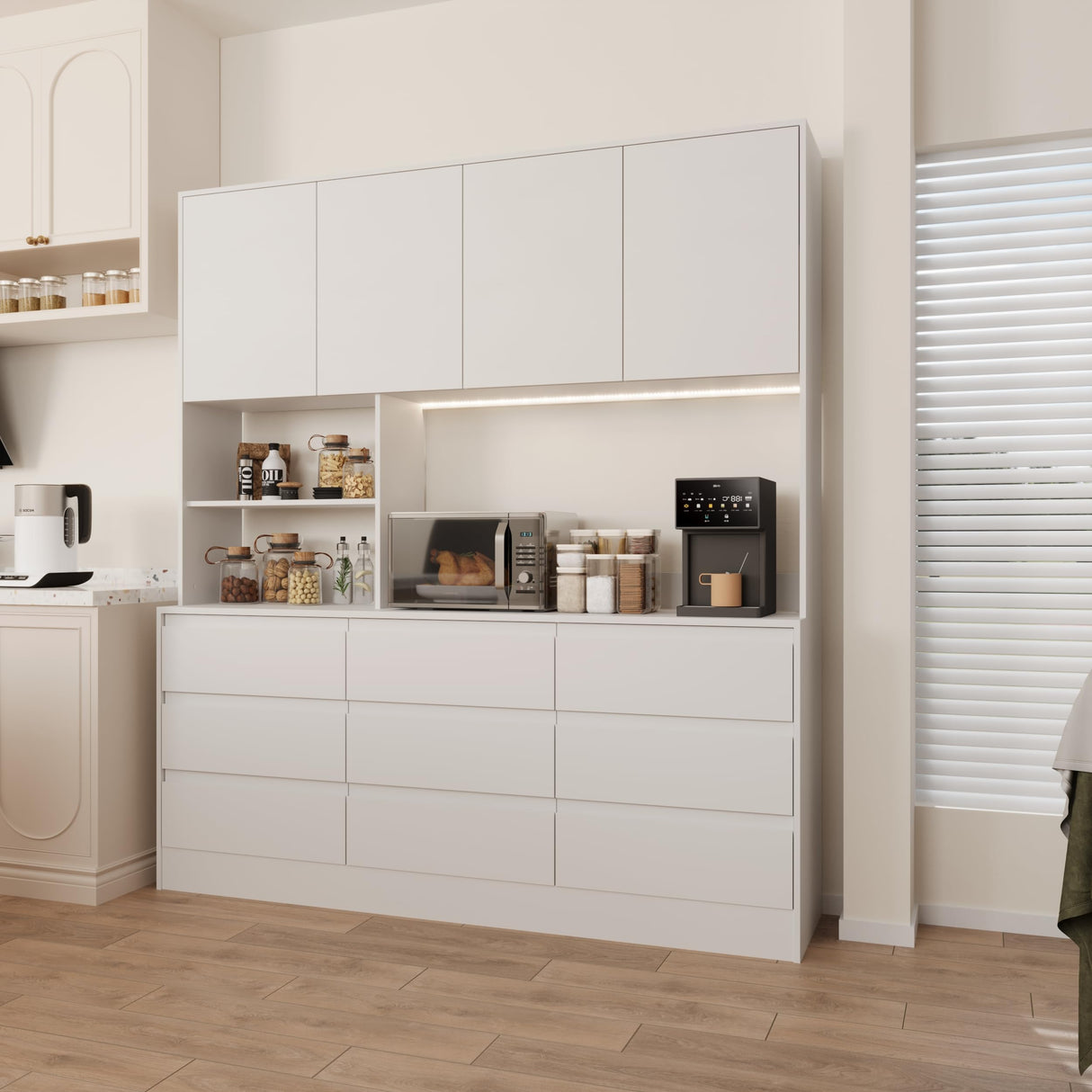 Jiaoun 78x71 LED Kitchen Pantry Cabinets with Microwave Stand,Socket,Large/Tall Kitchen Storage Cabinet with 6 Compartments and 9 Drawers,Duitable for Restaurants,Kitchens Jiaoun