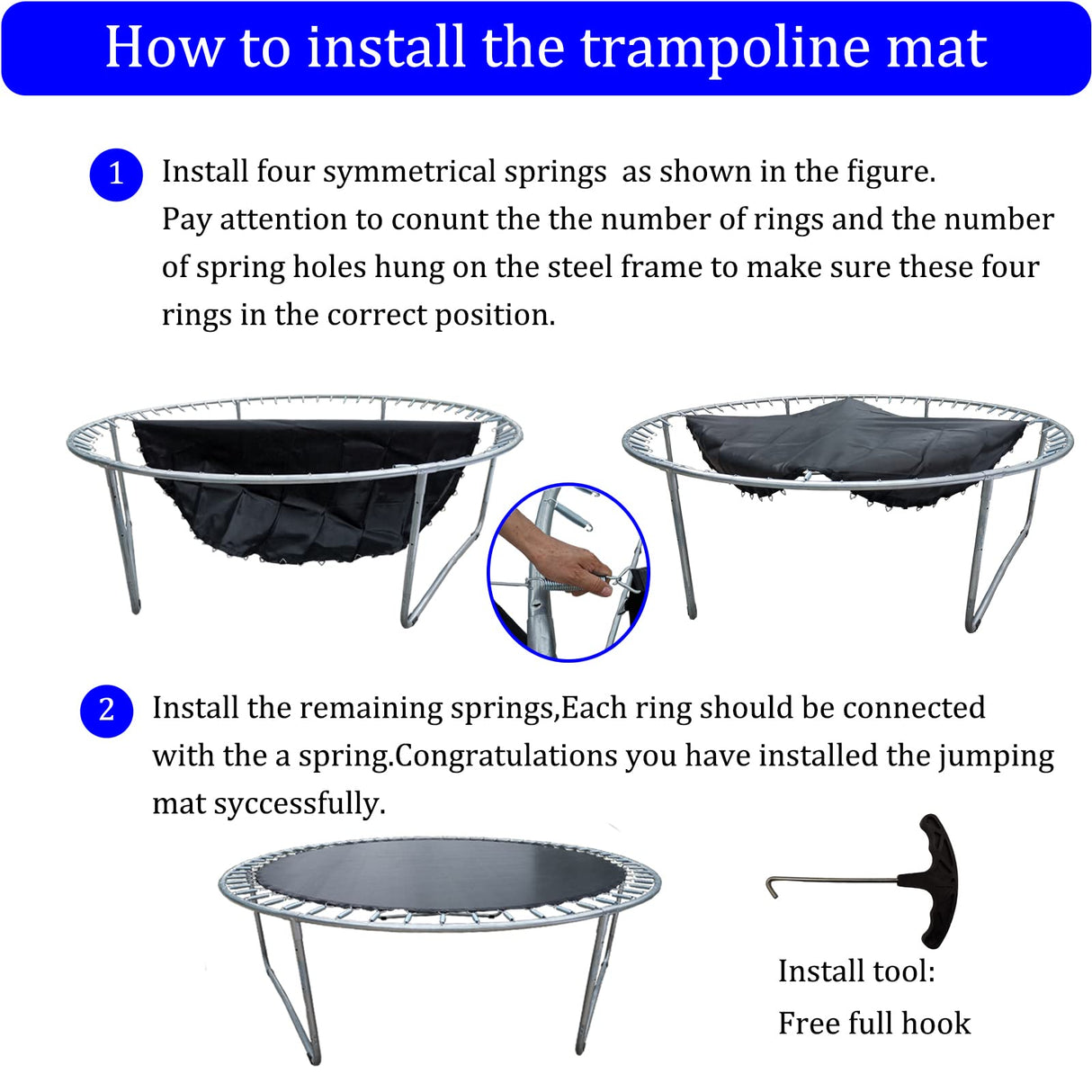 Bzzter Replacement Trampoline Mat,Fits 14ft Round Frame,with 72 Rings &147.6 Inch Diameter, Fits 6.5"-7.0" Spring,10 Rows of Stitching for Longer Lasting,w/Pull Hook and Gloves,14ft Trampoline Mat Bzzter