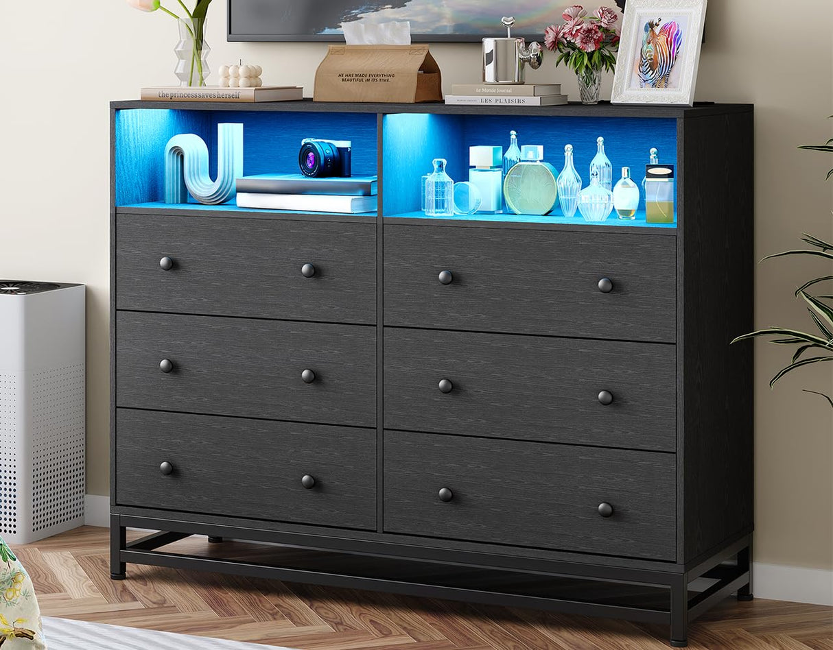 Black Dresser for Bedroom, Wooden Modern 6 Drawers Wide Dresser with Charging Station and Led Lights Design, Large Capacity Storage Chest of Drawers Garveehome