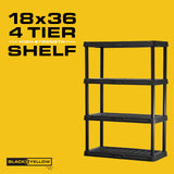 CX 4-Tier (53”H x 36”W x 18”D) Plastic Storage Shelving Unit (Black), Heavy Duty, 150lbs Per Shelf Capacity, Indoor/Outdoor Storage and Organization in Home, Garage, Office with Easy Assembly CENTREX