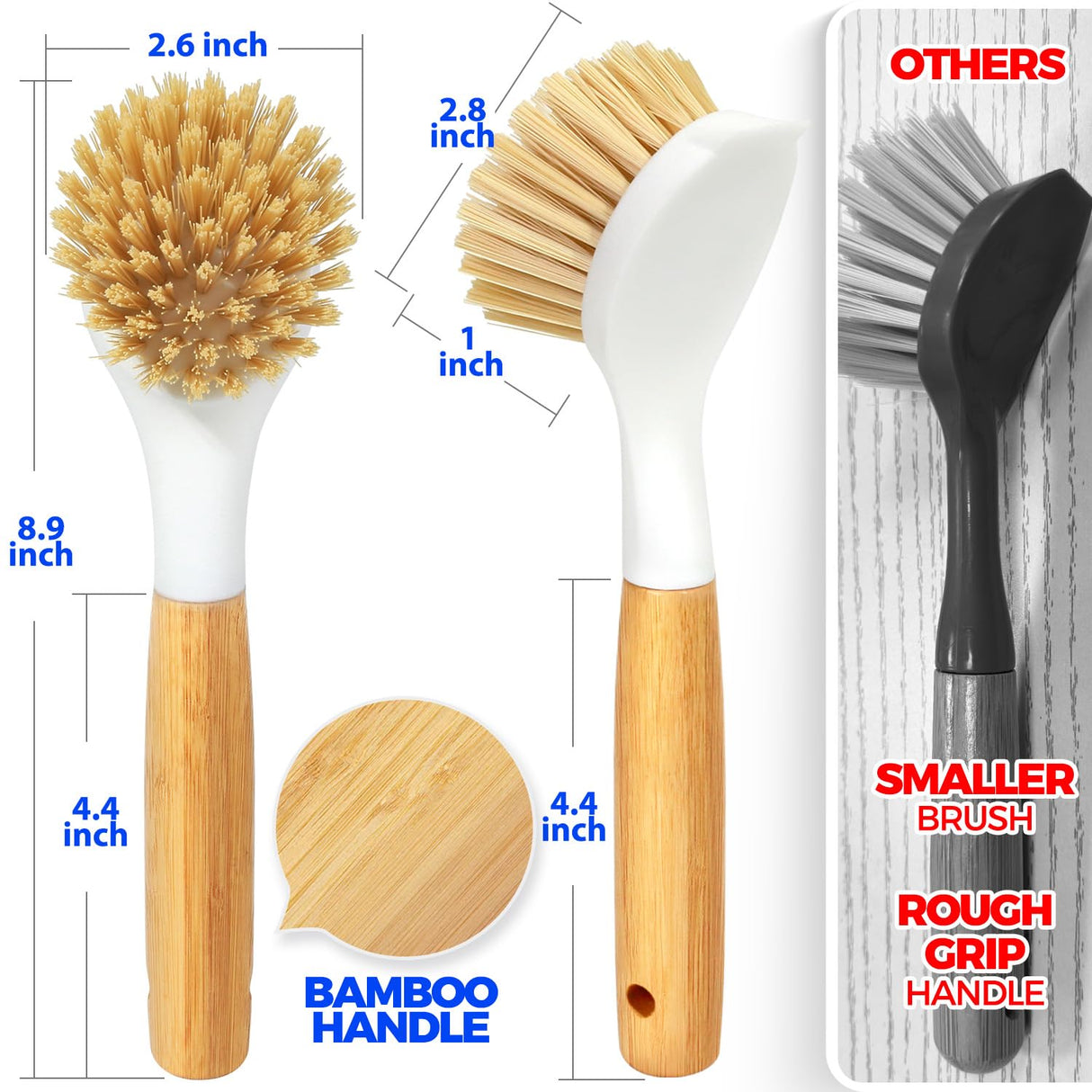 Holikme 3 Pack Dish Brush Set with Bamboo Handle, Kitchen Cleaner for Cleaning Pot, Sink and Stove, Skillet Scrubber with Tough Bristles for Cast Iron Grill Pan, Yellow White Black Holikme