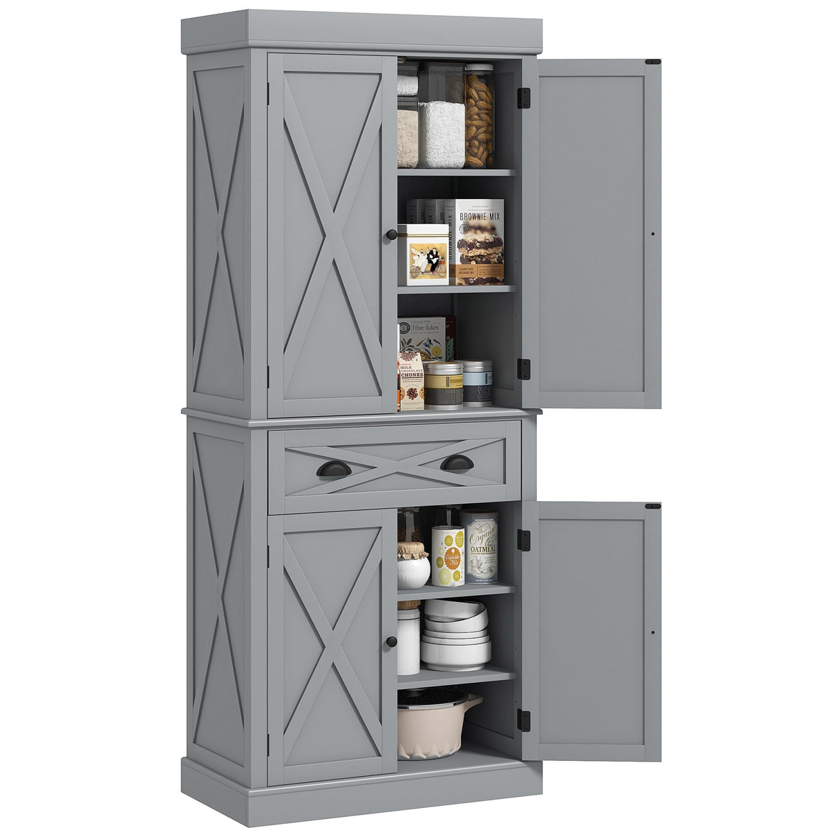 HOMCOM 72" Kitchen Pantry Storage Cabinet, Traditional Freestanding Cupboard with 4 Doors and 2 Adjustable Shelves, Large Central Drawer, X-Frame, Gray HOMCOM
