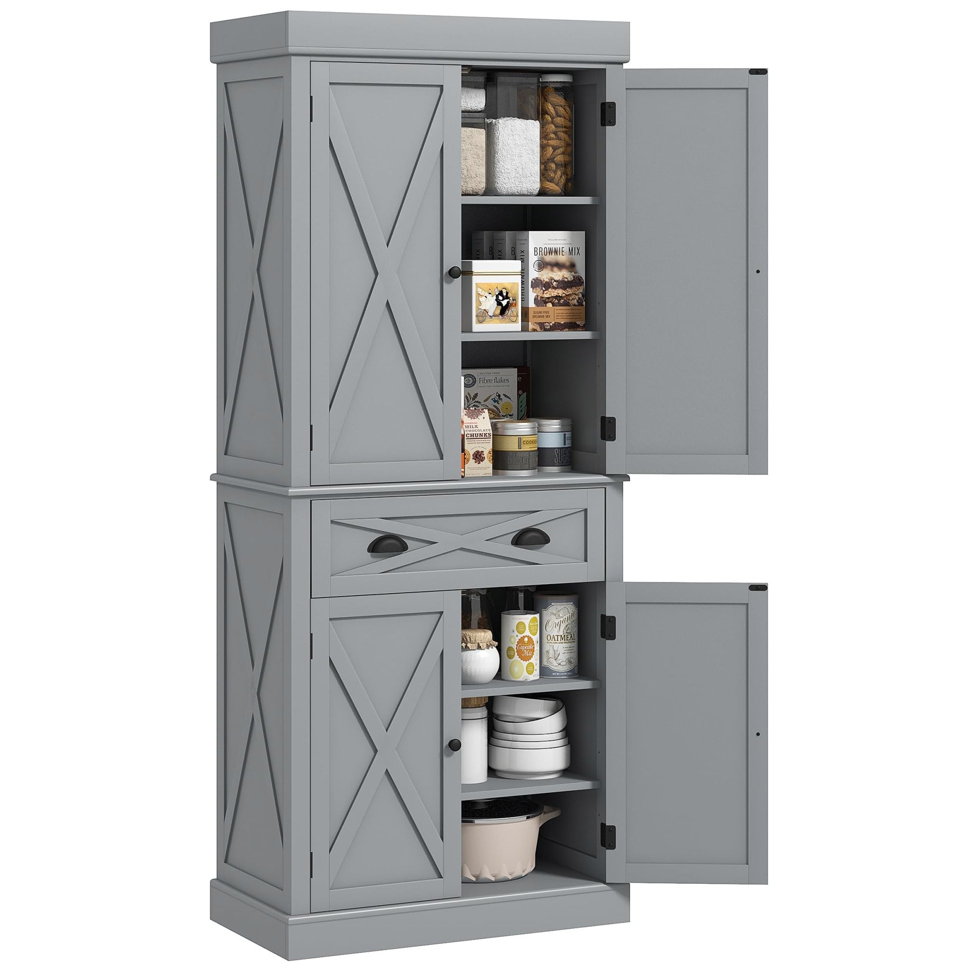 HOMCOM 72" Kitchen Pantry Storage Cabinet, Traditional Freestanding Cupboard with 4 Doors and 2 Adjustable Shelves, Large Central Drawer, X-Frame, Gray - WoodArtSupply