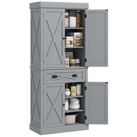HOMCOM 72" Kitchen Pantry Storage Cabinet, Traditional Freestanding Cupboard with 4 Doors and 2 Adjustable Shelves, Large Central Drawer, X-Frame, Gray HOMCOM