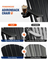 POWERWOOD Folding Adirondack Chair Wood Texture, HDPE Higher Back Plastic Adirondack Chairs with Cup Holder, Weather Resistant Composite Chair for Outdoor, Patio, Lawn, Garden, Fire Pit Chairs (Black) POWERWOOD