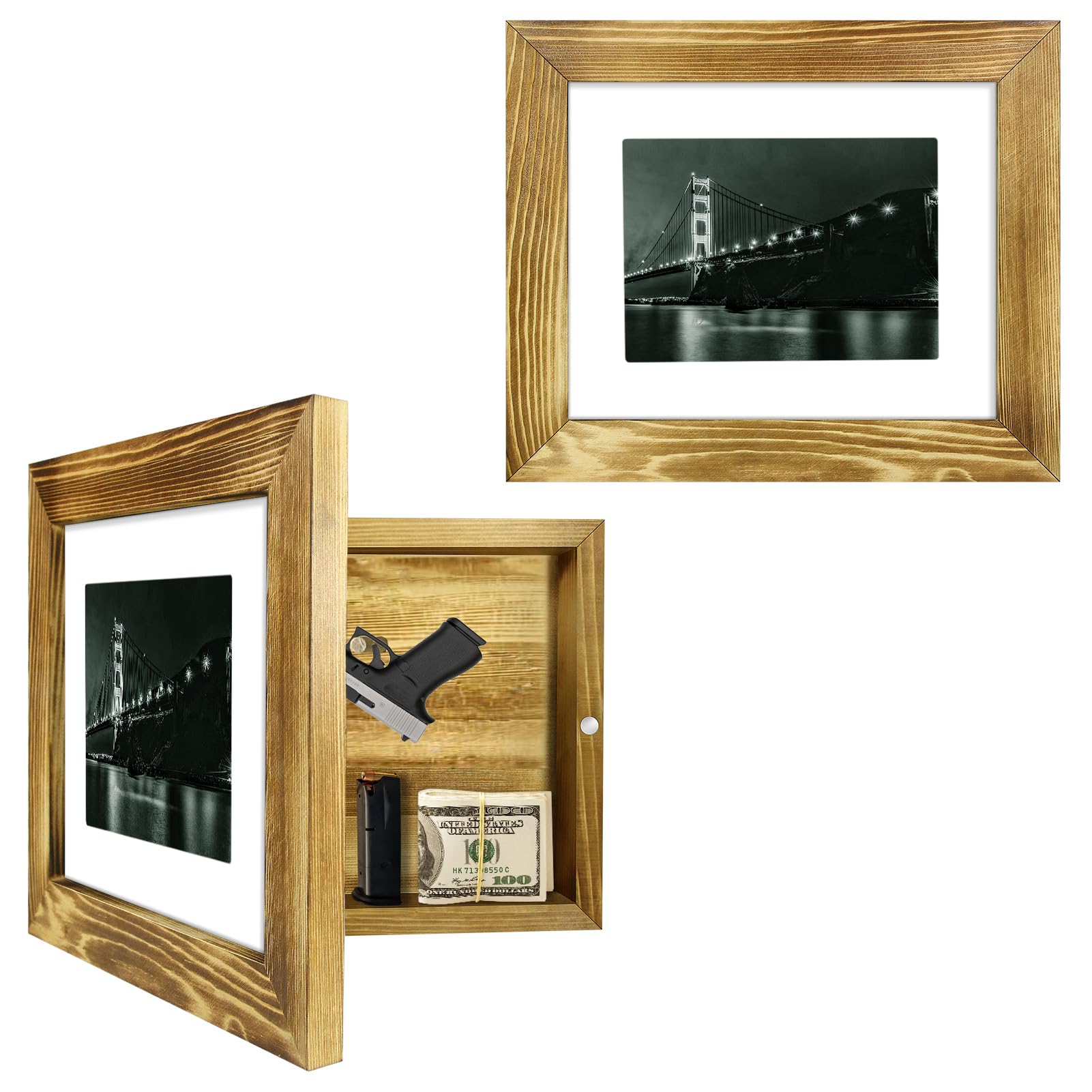 Hidden Gun Storage - Gun Safe Pistol Storage, 11"x14" Matted to 8"x10" Concealment Furniture Secret Decor Solid Wooden Handgun Picture Frames Box - WoodArtSupply