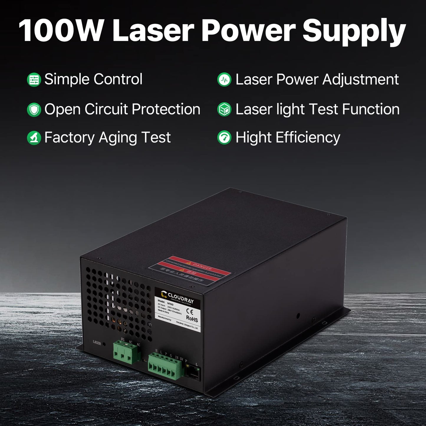 Cloudray CO2 Laser Power Supply 80-100W 220V for CO2 Laser Engraver Cutter M100（Updated MYJG100) - WoodArtSupply