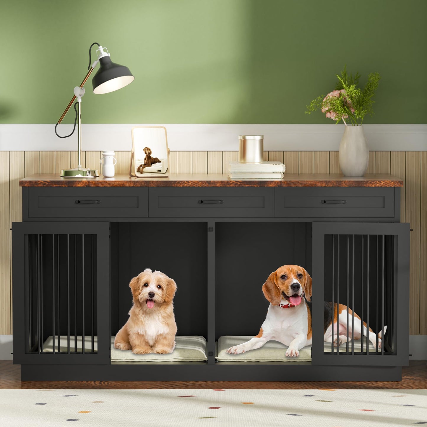 63 inches Large Dog Crate Furniture for 2 Dogs Double Dog Crate Wooden Heavy Duty Dog Kennel Furniture TV Stand with 3 Drawers for Large Medium Dogs,Black