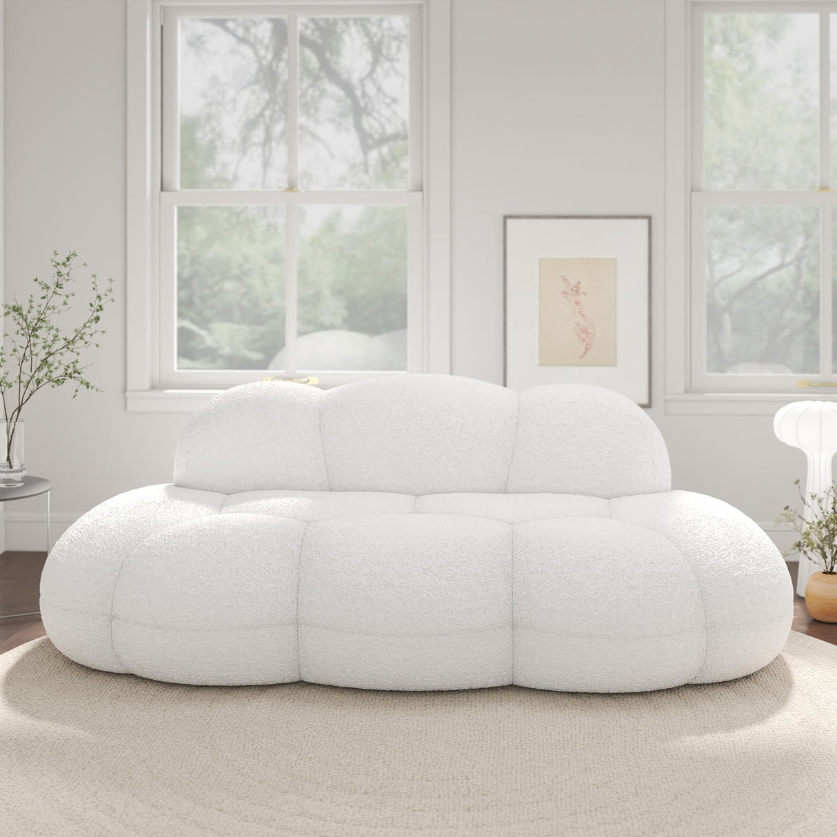 Modern Curved Sofa, 3 Seater, Soft Sherpa Upholstered Sofa, Minimalist Style Comfy Cloud Couch for Living Room Apartment, White LovingAHome