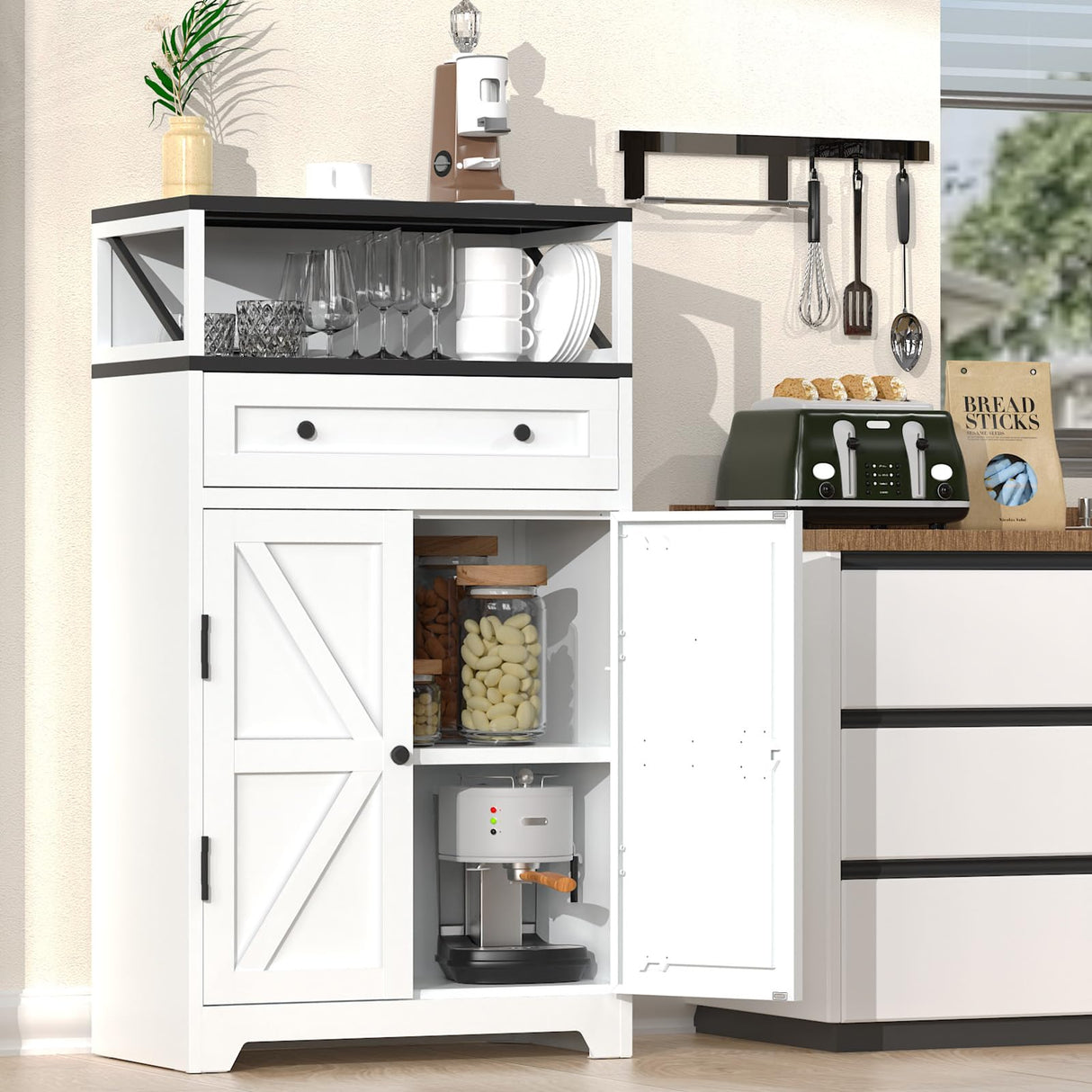 Eltean 42.5" H White Metal Farmhouse Storage Cabinet with Magnetic Doors and Drawer,Sideboard with Adjustable Shelf,Large Capacity Kitchen Pantry Cabinet for Entryway/Living Room/Dining Room Eltean