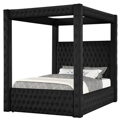 Velvet Canopy Bed Frame King - Upholstered Four Poster Bed Frame with Tufted Headboard and Footboard, Luxury Bed Frame with Wood Slats for Bedroom Furniture, Box Spring Required, Black