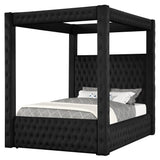 Velvet Canopy Bed Frame Queen - Upholstered Four Poster Bed Frame with Tufted Headboard and Footboard, Luxury Bed Frame with Wood Slats for Bedroom Furniture, Box Spring Required, Black Wirktive