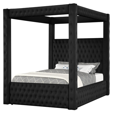 Velvet Canopy Bed Frame Queen - Upholstered Four Poster Bed Frame with Tufted Headboard and Footboard, Luxury Bed Frame with Wood Slats for Bedroom Furniture, Box Spring Required, Black Wirktive