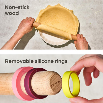 Rolling Pin For Baking with Thickness Rings - 2 Adjustable Rolling Pin with Scale - Sustainable FSC® Wood - for Pie Crust, Cookie, Pastry - Baking Essential