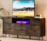 TV Cabinet with Storage LED Lights,Power Outlets,Dresser with 8 Drawers Open Shelf,TV Stand for 32/45/55/65 Inches,Metal Frame & Wood Top Storage Cabinet for Bedroom,Living Room,Hallway Takywep