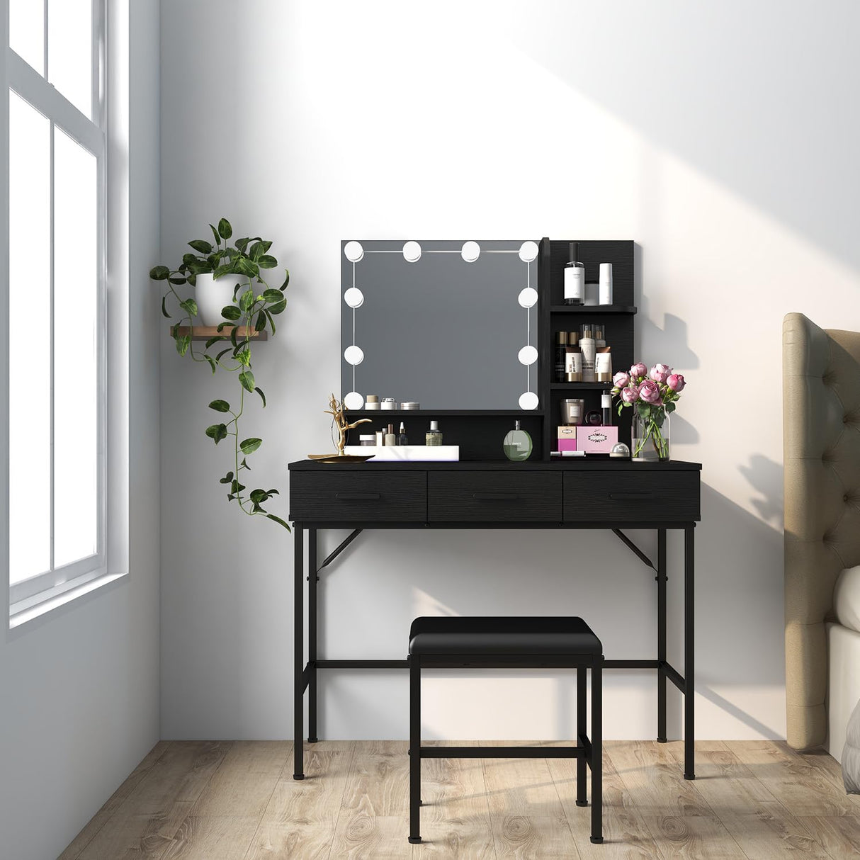 Vanity Table with Lighted Mirror, 3 Drawers Makeup Desk Dressing Table with Lots Storage Vanity Set with Wider Cushioned Stool for Bedroom (Black) Panana