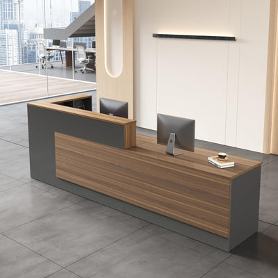 Anzhap L-Shaped Reception Desk with Counter, Modern Front Desk Checkout Counter with Drawer, Storage Cabinet, Keyboard Tray for Office, Salon, Lobby (Walnut + Iron Gray/Right, 94" L*24" W*41" H)
