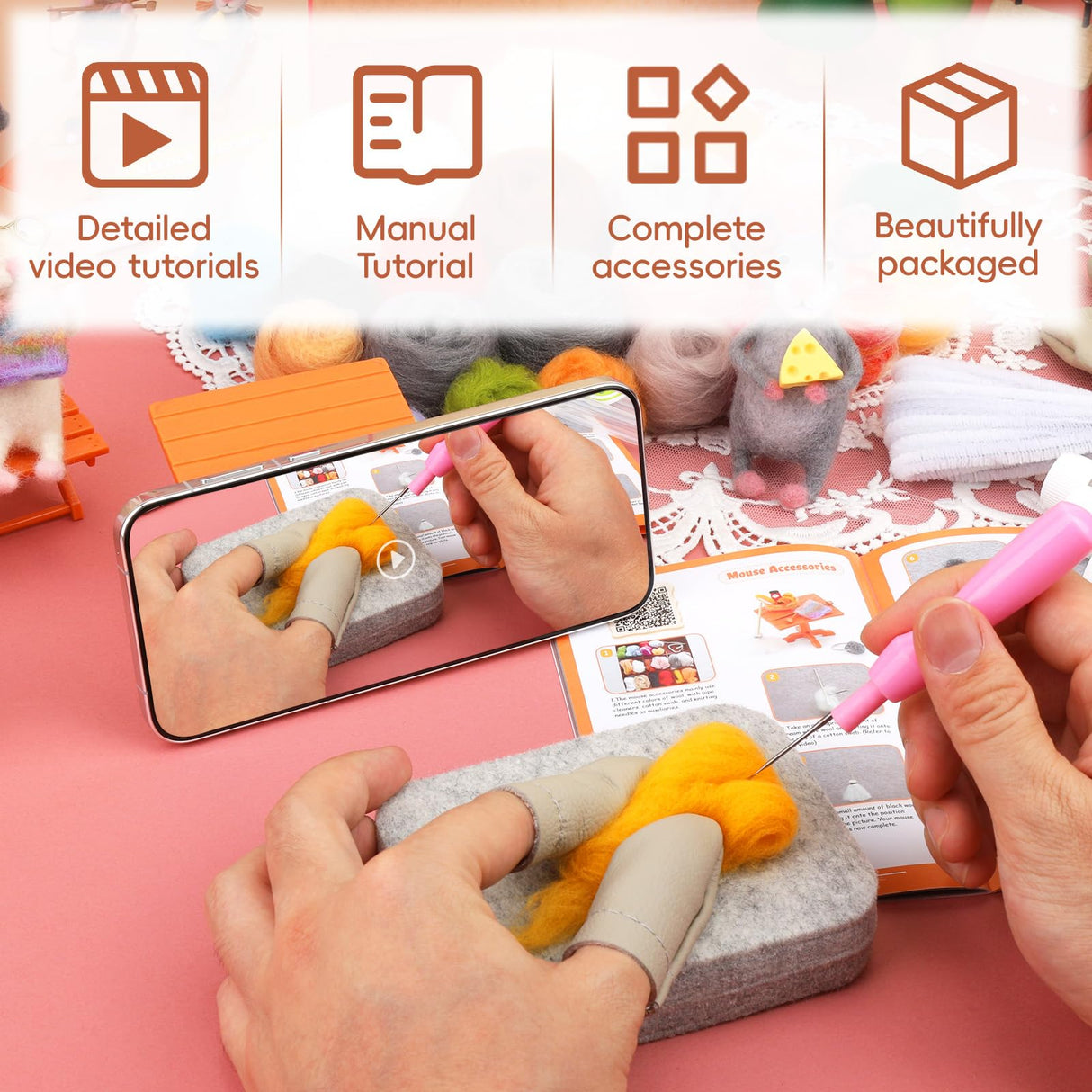 OEHPICC Mouse Family Needle Felting Kit,Needle Felting Starter Kit, Mice Felting Kit for Beginner Adults with Felting Supplies and Instructions for DIY Felting OEHPICC