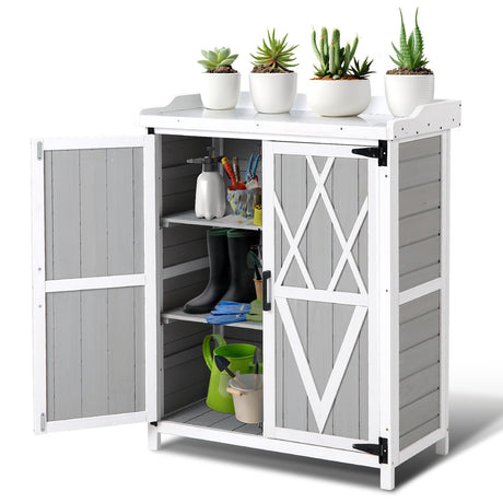 ElfinAura Outdoor Potting Bench with Storage - 37" Tall Wooden Garden Workstation with Galvanized Metal Tabletop, Adjustable Shelves & Double Doors for Backyard, Patio, Garden (White). ElfinAura