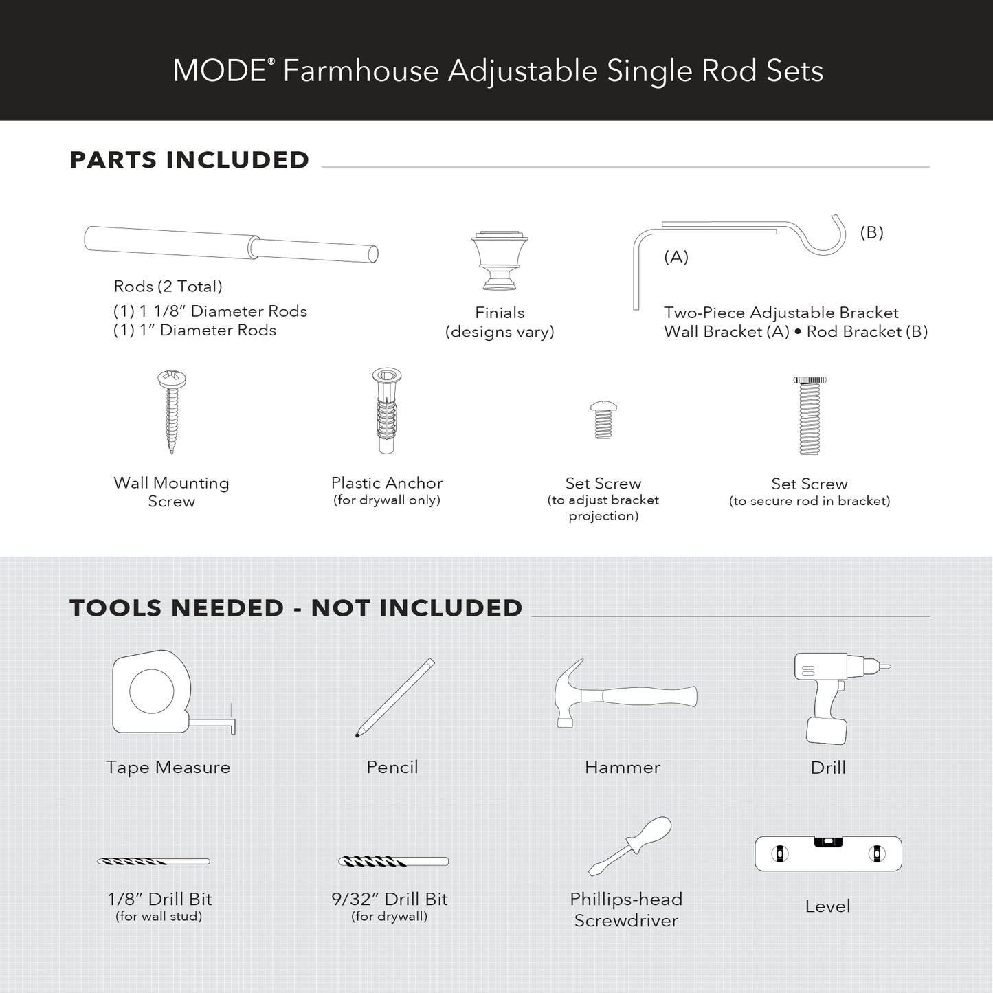 MODE Farmhouse Collection 1 1/8" Diameter Curtain Rod Set with Porch Doorknob Curtain Rod Finials and Steel Wall Mounted Adjustable Curtain Rod, Fits 36” to 72” Windows, Weathered Oak