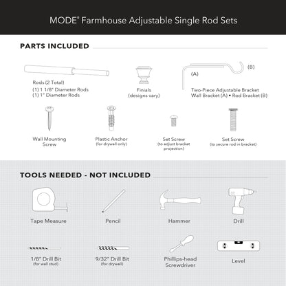 MODE Farmhouse Collection 1 1/8" Diameter Curtain Rod Set with Porch Doorknob Curtain Rod Finials and Steel Wall Mounted Adjustable Curtain Rod, Fits 36” to 72” Windows, Weathered Oak