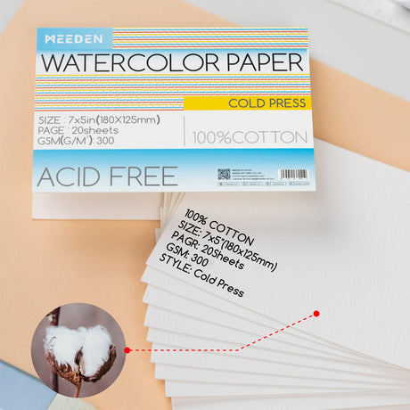 MEEDEN Watercolor Paper Block, 100% Cotton Watercolor Paper Pad of 20 Sheets, 140lb/300gsm, Acid-Free Art Paper for Watercolor, Gouache, Ink and More, 5" x 7" Cold Press MEEDEN