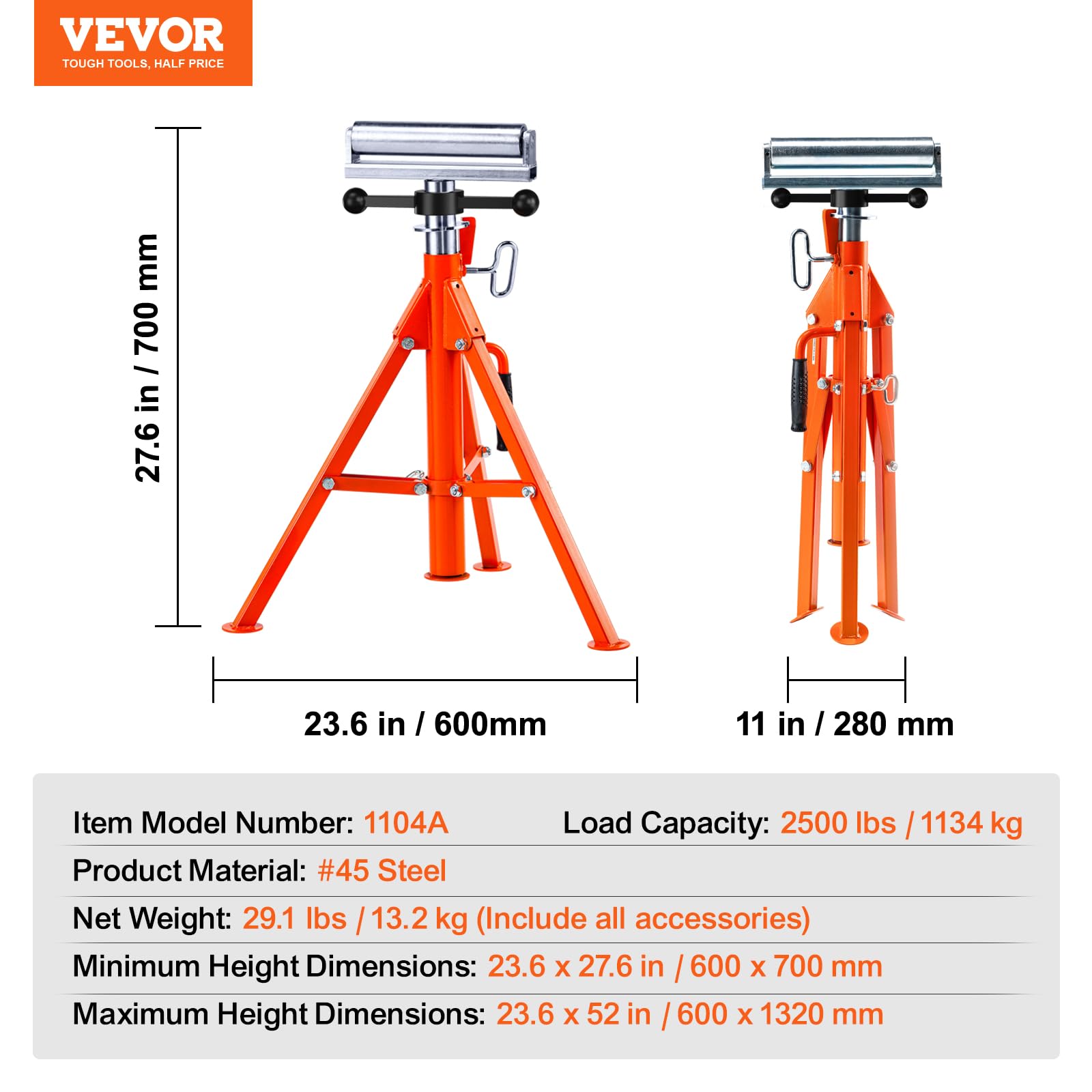 VEVOR V Head Pipe Jack Stand, 27-52 Inch Adjustable Height, 1/8"-12" Capacity, 2500 lb Load Capacity, Heavy Duty Carbon Steel Jack Stands with Portable Folding Legs - WoodArtSupply