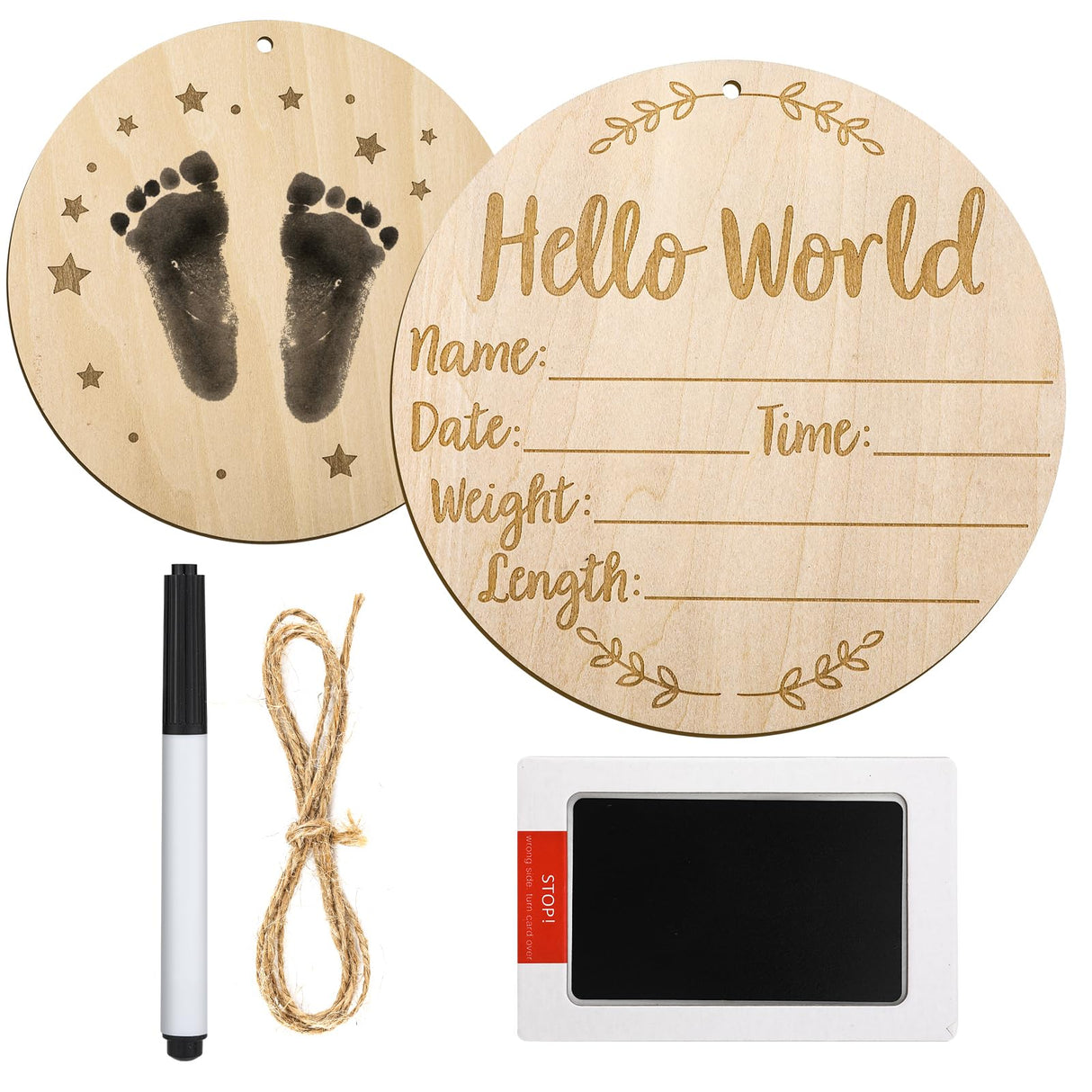 Wooden Baby Announcement Sign, 5.9 inch Baby Birth Announcement Sign with Ink Pad Markers Hello World Newborn Sign Baby Nursery Name Sign for SAVITA